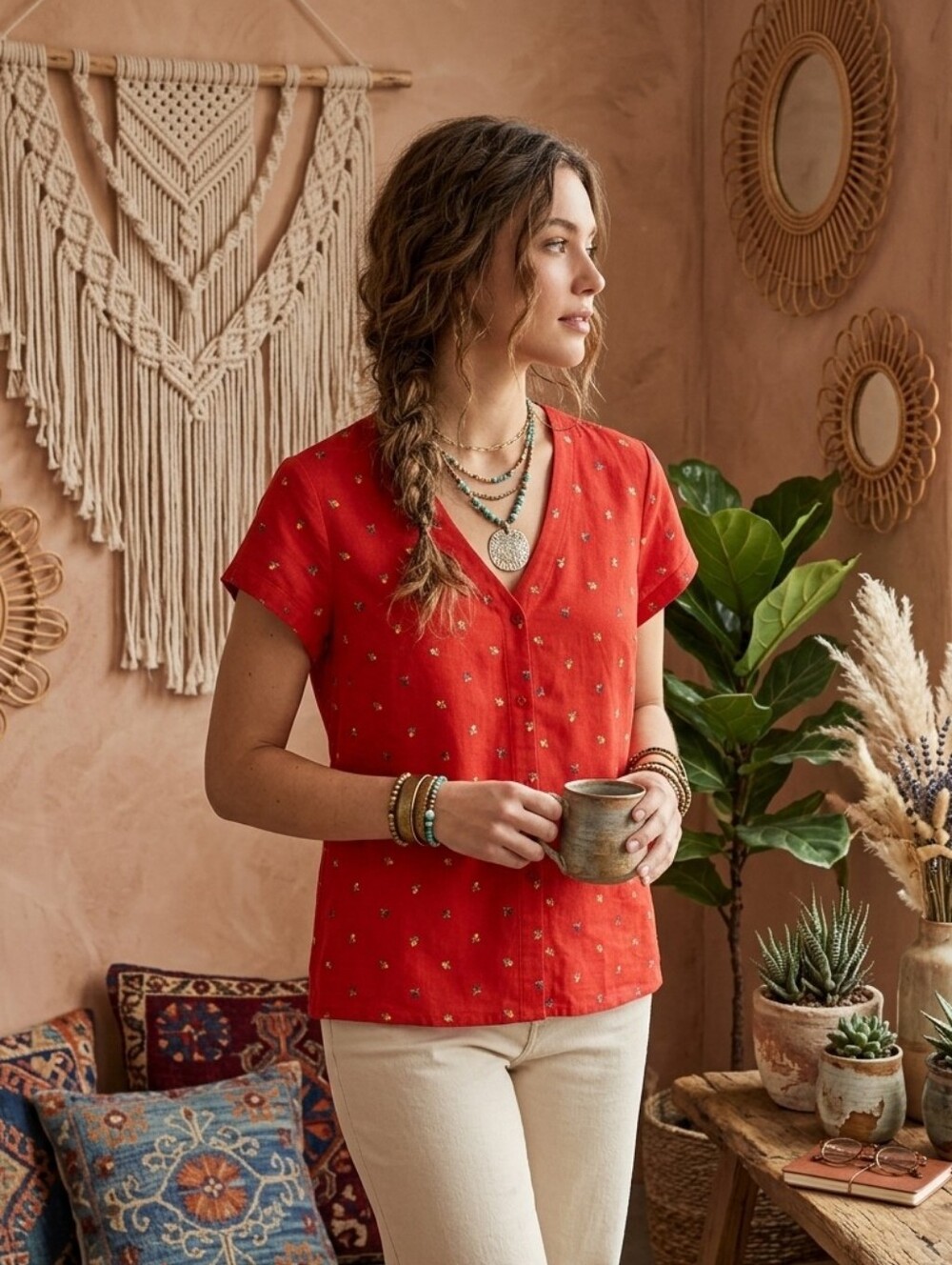 Vintage Koret Red Short-Sleeve Button-Front V-Neck Top with Boho Floral Print